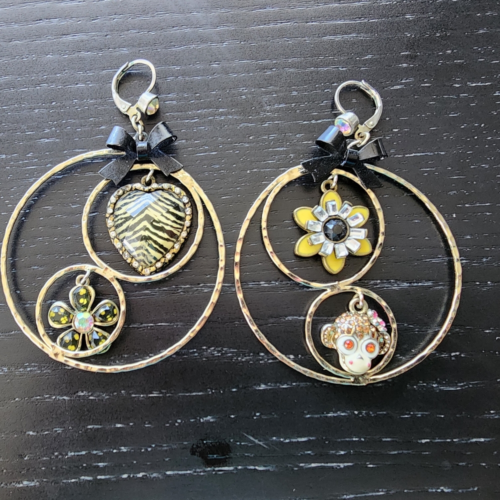 Betsey Johnson Gold and Black Double-Hoop Earrings